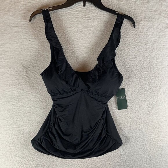 Lauren Ralph Lauren Tankini Top Womens Black 10 Ruffle V-Neck Underwire Swimwear - Picture 1 of 8